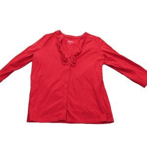 Denim & Company Cardigan Womens Medium Ruffle Button Front 3/4 Sleeve Top Shirt